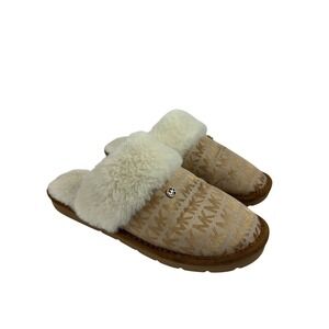 Michael Kors MK Monogram Faux Fur Trim Slippers Gold Tan Logo Glam‎ Cozy Size 5